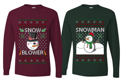 Snow Blower Snowman Sweater Girlfriend Boyfriend Gift His and Hers Matching Ugly Christmas Couple Long Sleeve Shirt