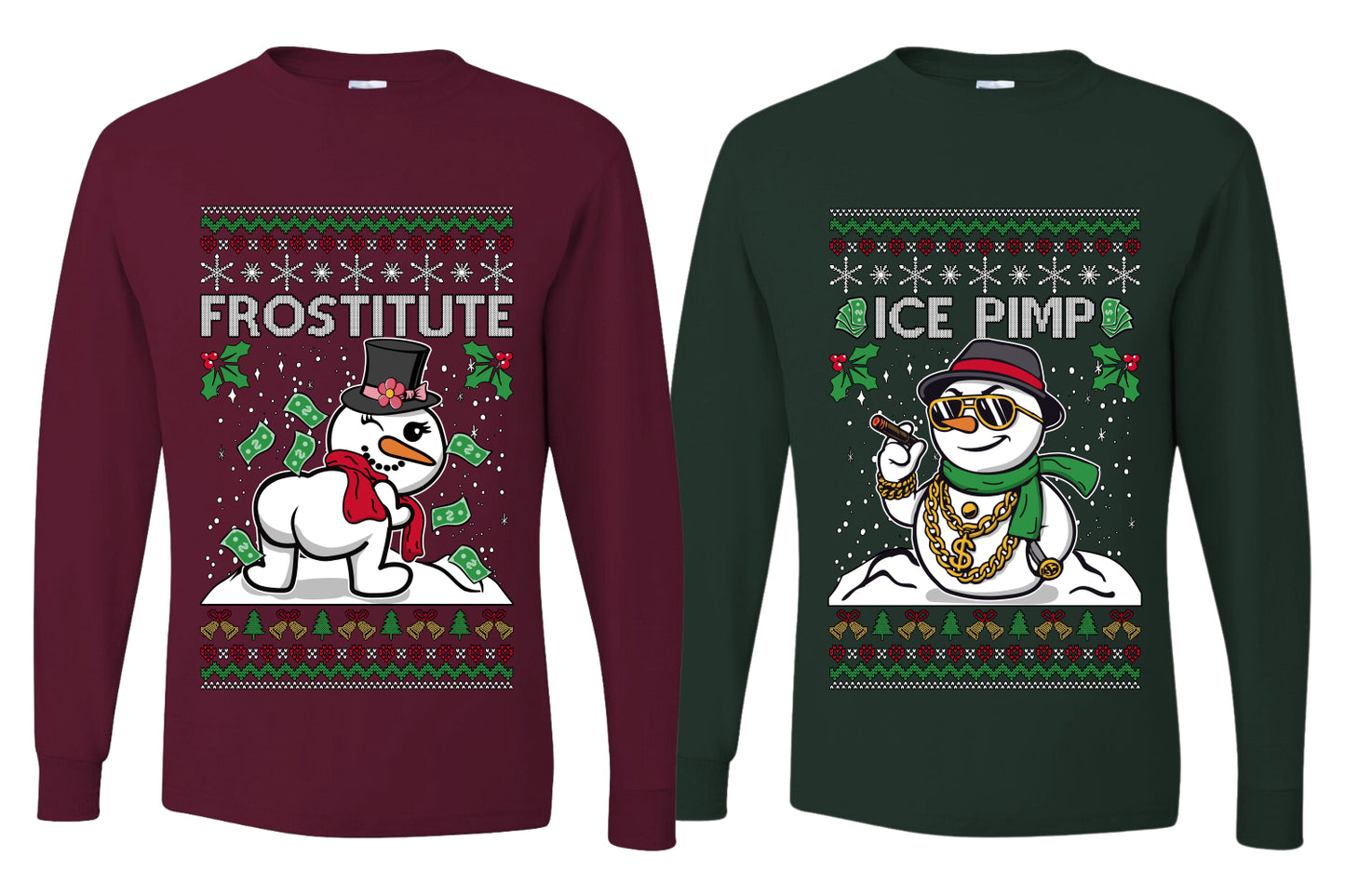 Frostitute Ice Pimp Snowmen Sweater Girlfriend Boyfriend Gift His and Hers Matching Ugly Christmas Couple Long Sleeve Shirt