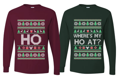 Where's My Ho At? Ho Sweater Girlfriend Boyfriend Gift His and Hers Matching Ugly Christmas Couple Long Sleeve Shirt