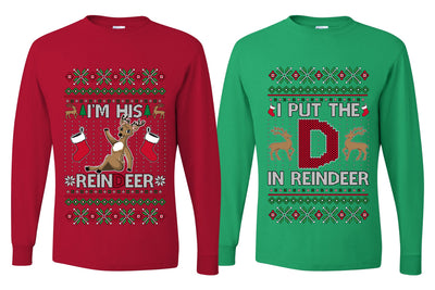 I Put The D In Reindeer Sweater Girlfriend Boyfriend Gift His and Hers Matching Ugly Christmas Couple Long Sleeve Shirt