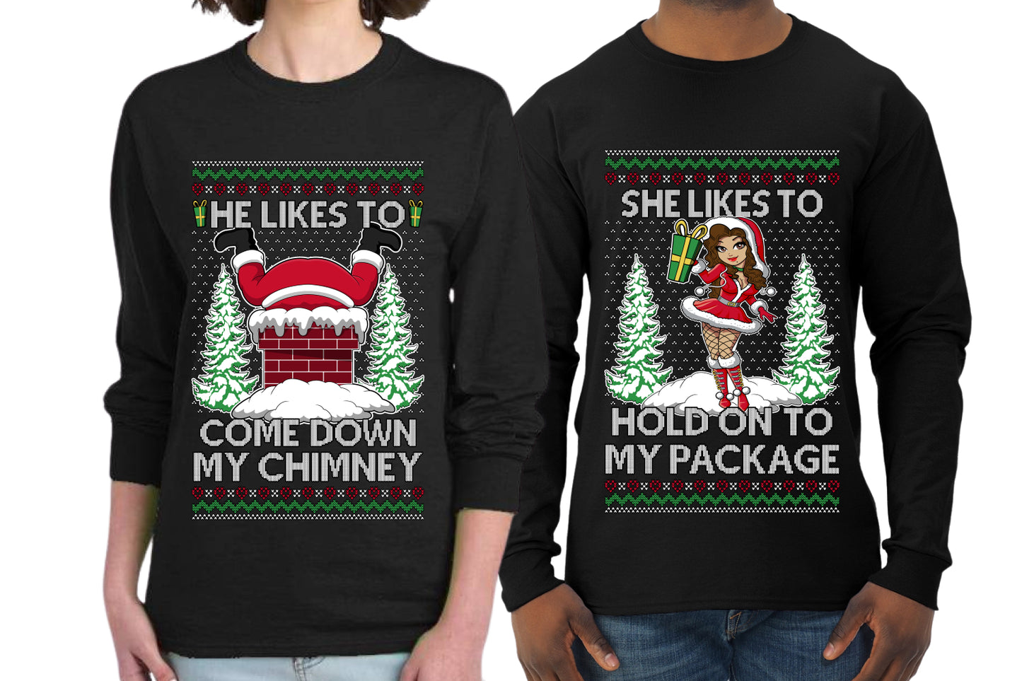 Come Down My Chimney Hold My Package Sweater Girlfriend Boyfriend Gift His and Hers Matching Ugly Christmas Couple Long Sleeve Shirt