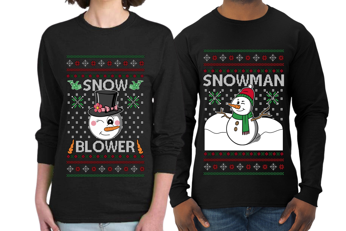 Snow Blower Snowman Sweater Girlfriend Boyfriend Gift His and Hers Matching Ugly Christmas Couple Long Sleeve Shirt