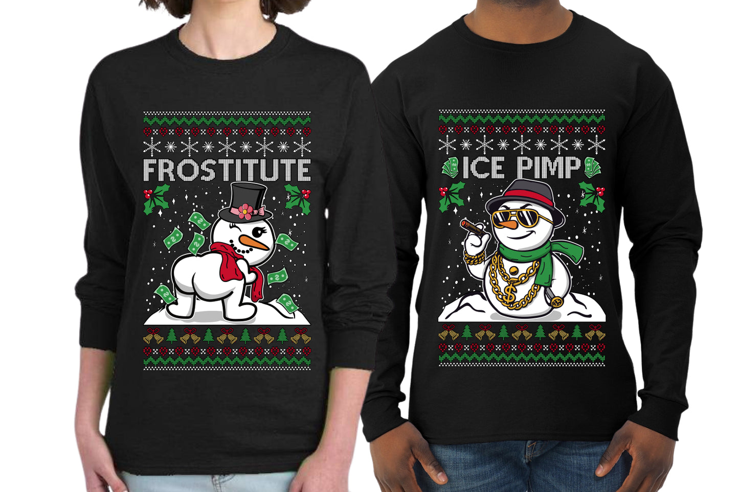Frostitute Ice Pimp Snowmen Sweater Girlfriend Boyfriend Gift His and Hers Matching Ugly Christmas Couple Long Sleeve Shirt