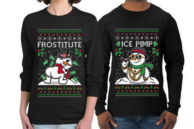 Frostitute Ice Pimp Snowmen Sweater Girlfriend Boyfriend Gift His and Hers Matching Ugly Christmas Couple Long Sleeve Shirt