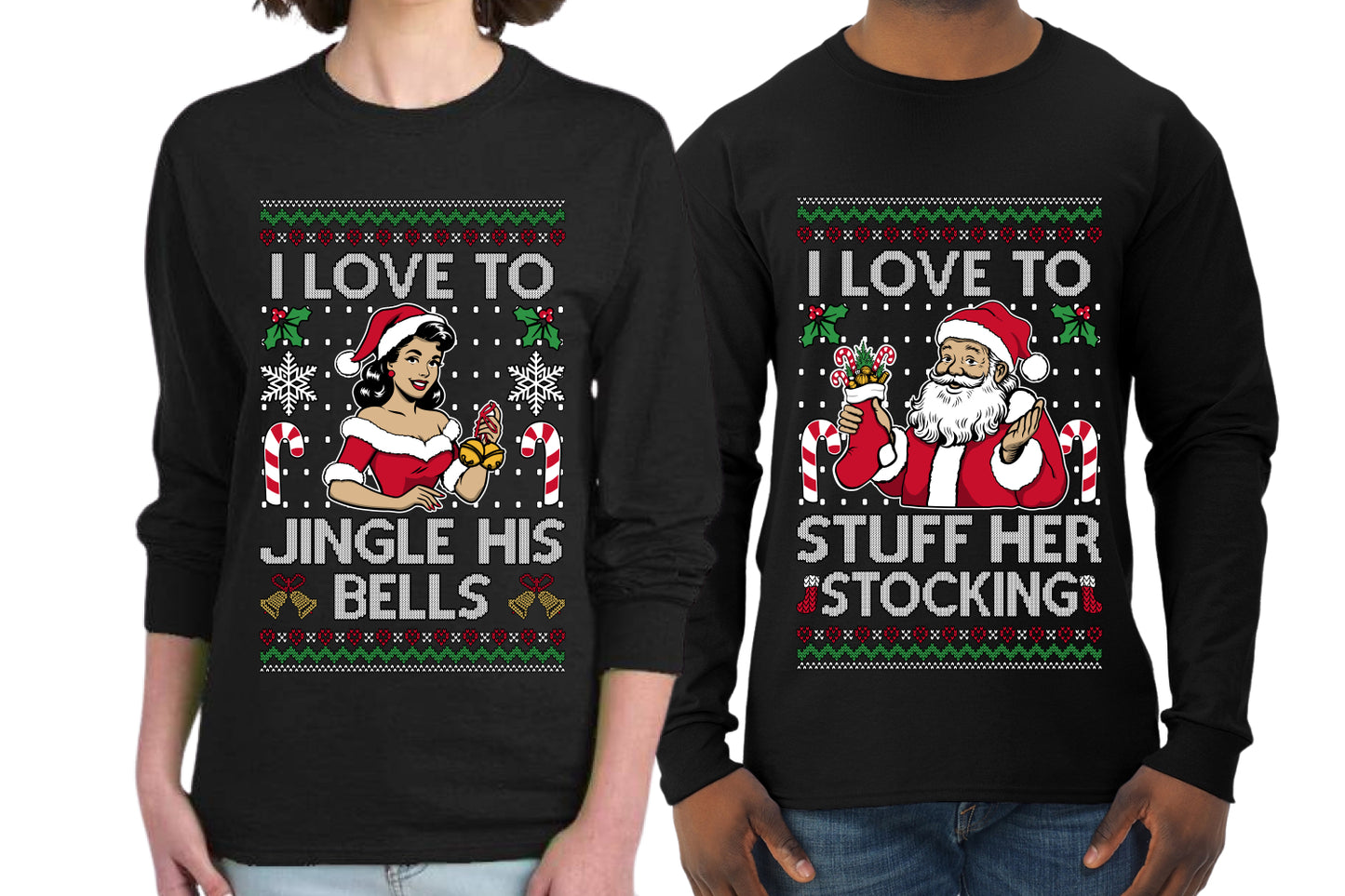 I Love To Stuff Her Stocking Jingle His Bells Sweater Girlfriend Boyfriend Gift His and Hers Matching Ugly Christmas Couple Long Sleeve Shirt