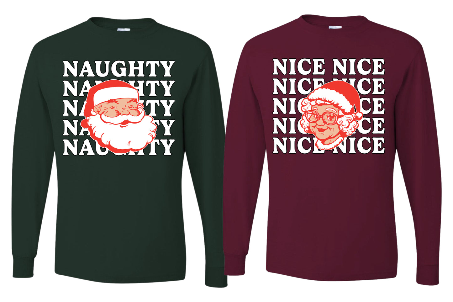 Naughty, Nice Santa Claus Mrs Claus Couples Shirt Girlfriend Boyfriend Gift His and Hers Matching Ugly Christmas Couple Long Sleeve Shirt