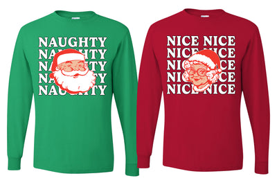 Naughty, Nice Santa Claus Mrs Claus Couples Shirt Girlfriend Boyfriend Gift His and Hers Matching Ugly Christmas Couple Long Sleeve Shirt