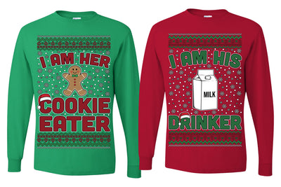 Cookie Eater, Milk Drinker Funny Couples Shirt Girlfriend Boyfriend Gift His and Hers Matching Ugly Christmas Couple Long Sleeve Shirt