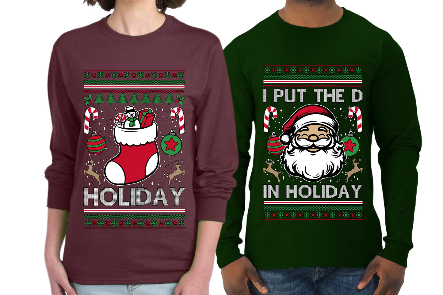 I Put The D In Holiday Sweater Girlfriend Boyfriend Gift His and Hers Matching Ugly Christmas Couple Long Sleeve Shirt
