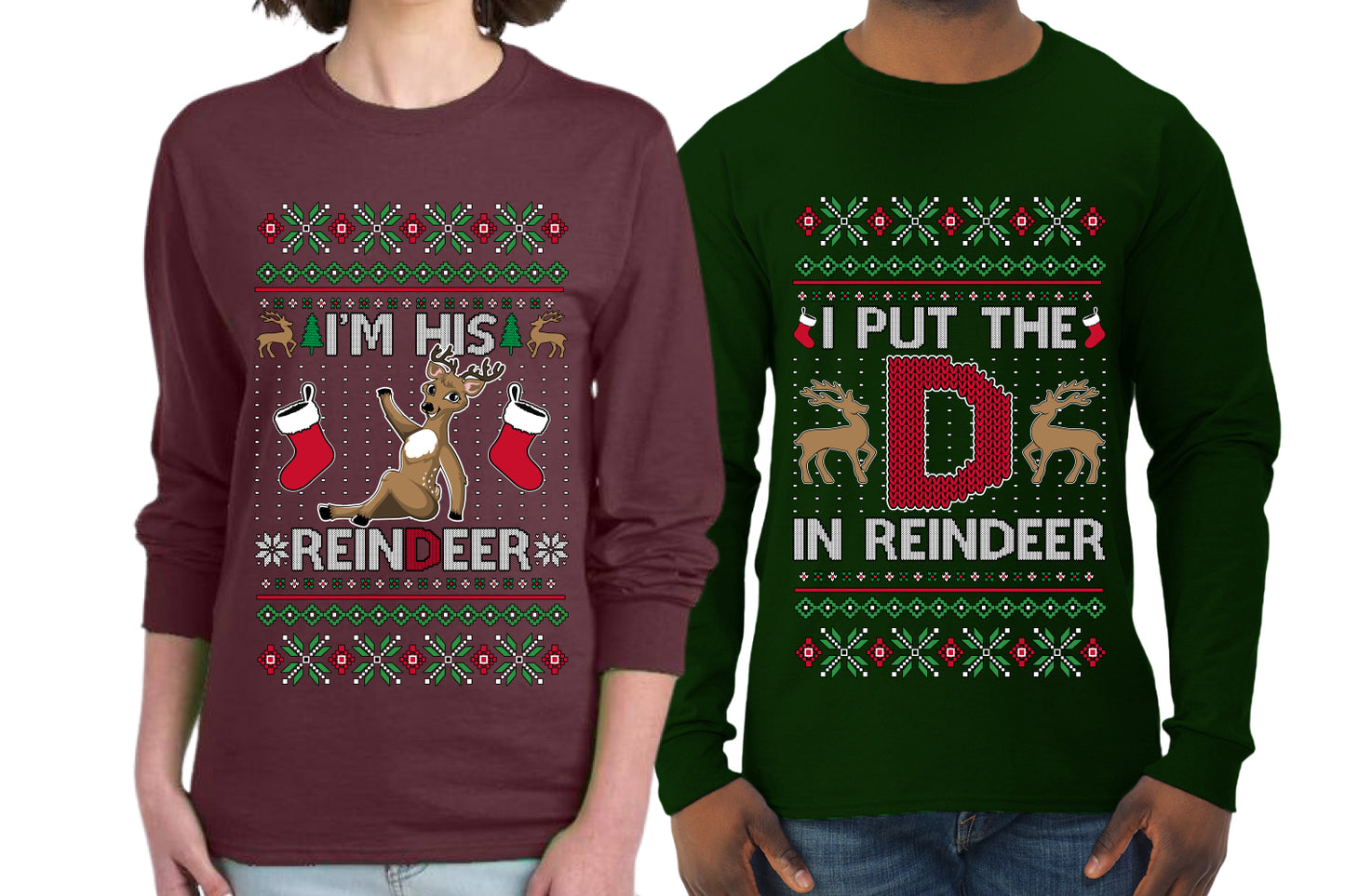 I Put The D In Reindeer Sweater Girlfriend Boyfriend Gift His and Hers Matching Ugly Christmas Couple Long Sleeve Shirt