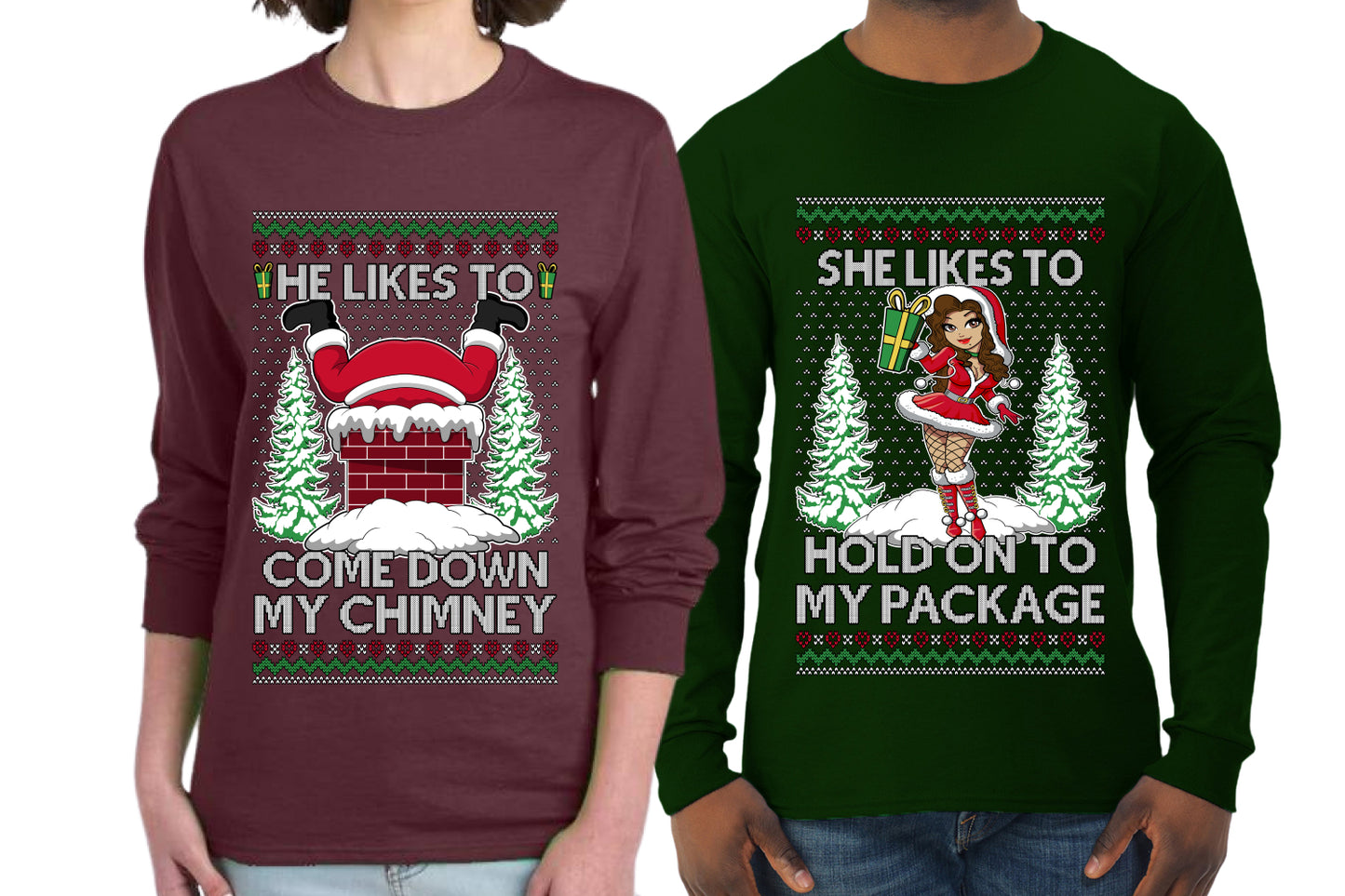 Come Down My Chimney Hold My Package Sweater Girlfriend Boyfriend Gift His and Hers Matching Ugly Christmas Couple Long Sleeve Shirt