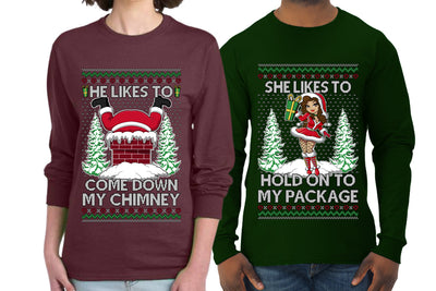 Come Down My Chimney Hold My Package Sweater Girlfriend Boyfriend Gift His and Hers Matching Ugly Christmas Couple Long Sleeve Shirt