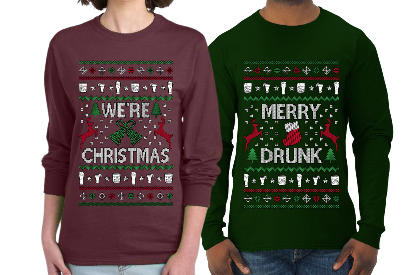 Merry Drunk We're Christmas Sweater Girlfriend Boyfriend Gift His and Hers Matching Ugly Christmas Couple Long Sleeve Shirt
