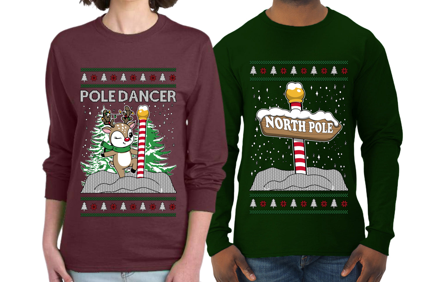 North Pole, Pole Dancer Sweater Girlfriend Boyfriend Gift His and Hers Matching Ugly Christmas Couple Long Sleeve Shirt