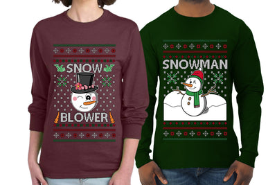 Snow Blower Snowman Sweater Girlfriend Boyfriend Gift His and Hers Matching Ugly Christmas Couple Long Sleeve Shirt