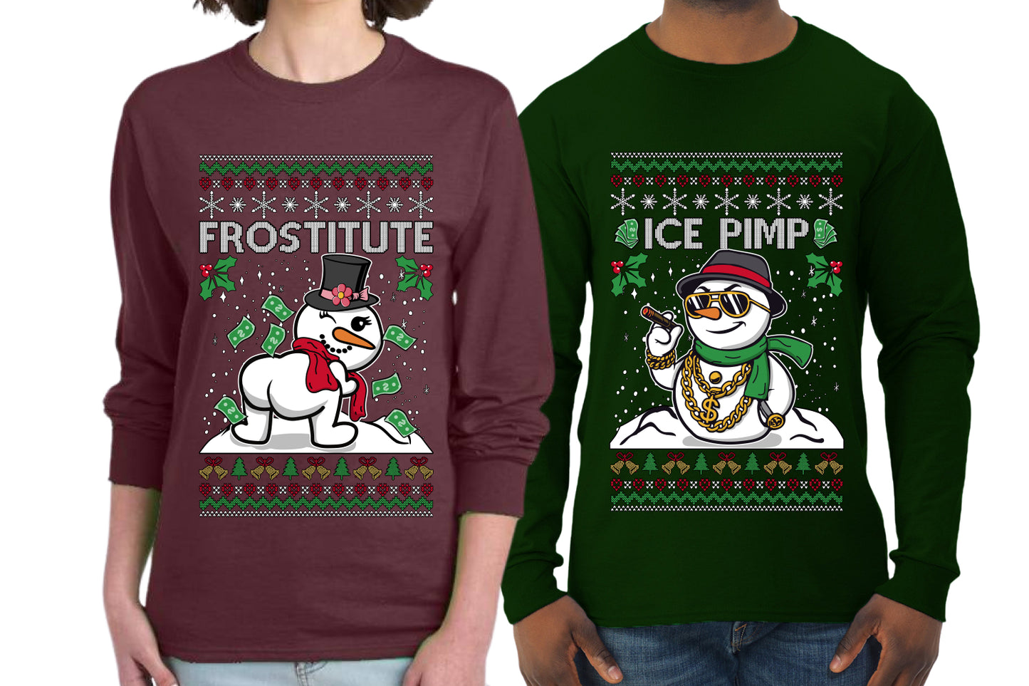 Frostitute Ice Pimp Snowmen Sweater Girlfriend Boyfriend Gift His and Hers Matching Ugly Christmas Couple Long Sleeve Shirt