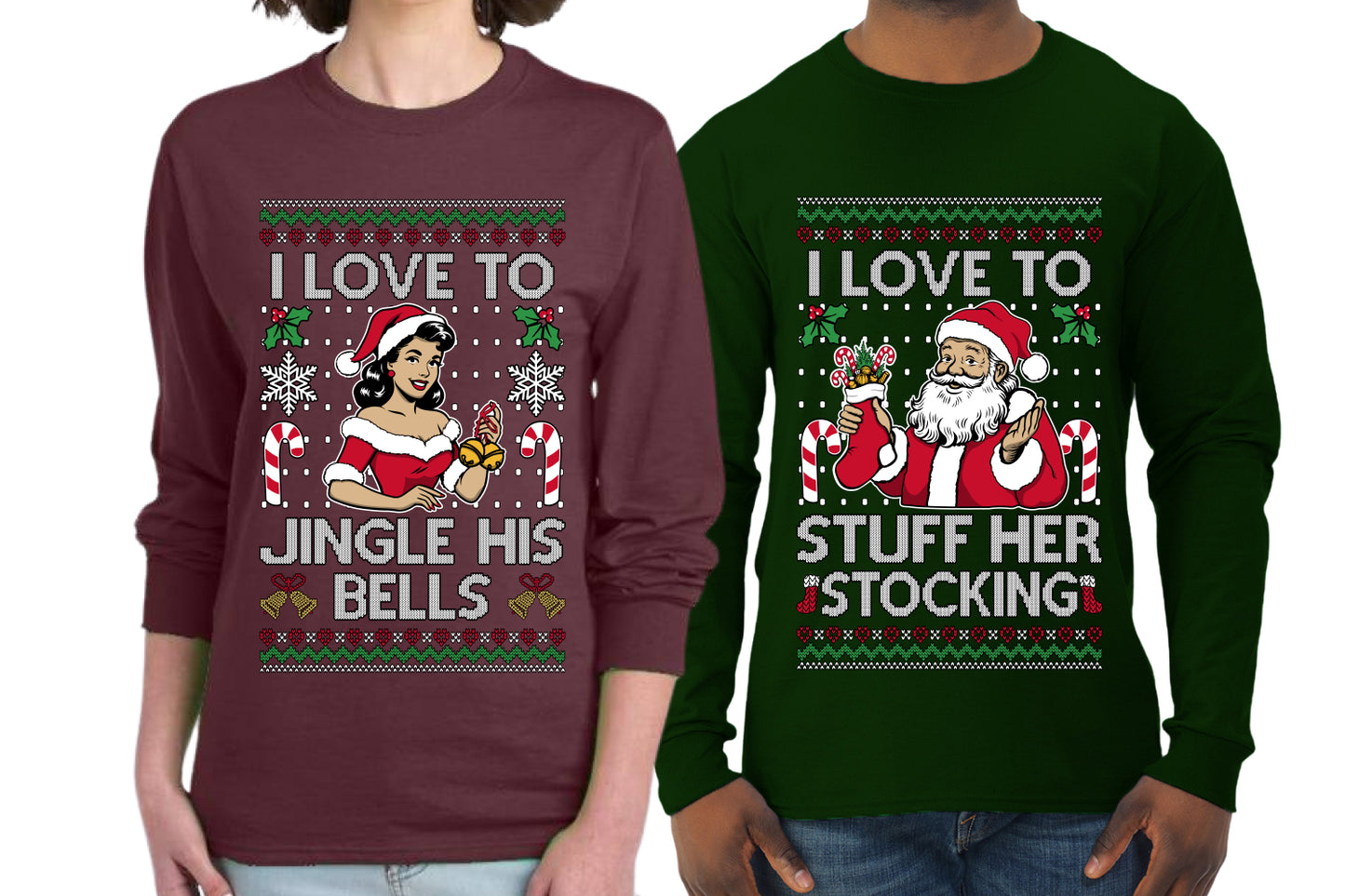 I Love To Stuff Her Stocking Jingle His Bells Sweater Girlfriend Boyfriend Gift His and Hers Matching Ugly Christmas Couple Long Sleeve Shirt