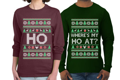 Where's My Ho At? Ho Sweater Girlfriend Boyfriend Gift His and Hers Matching Ugly Christmas Couple Long Sleeve Shirt