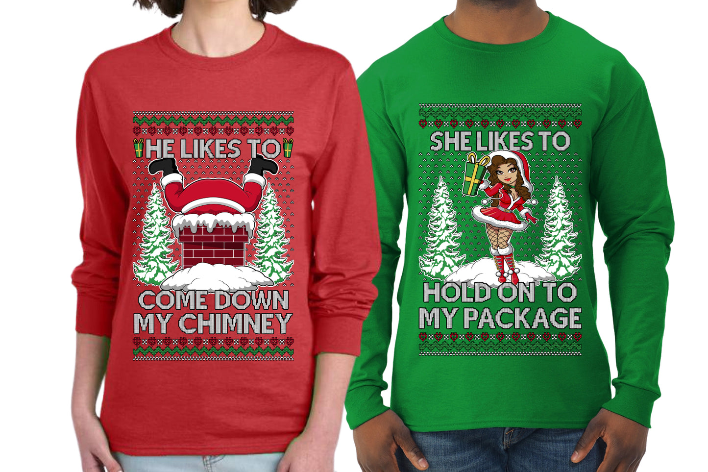 Come Down My Chimney Hold My Package Sweater Girlfriend Boyfriend Gift His and Hers Matching Ugly Christmas Couple Long Sleeve Shirt