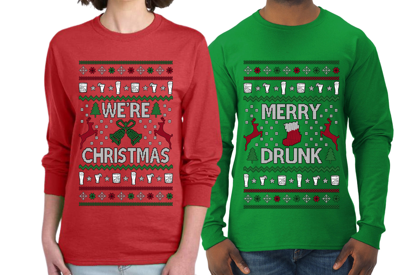 Merry Drunk We're Christmas Sweater Girlfriend Boyfriend Gift His and Hers Matching Ugly Christmas Couple Long Sleeve Shirt
