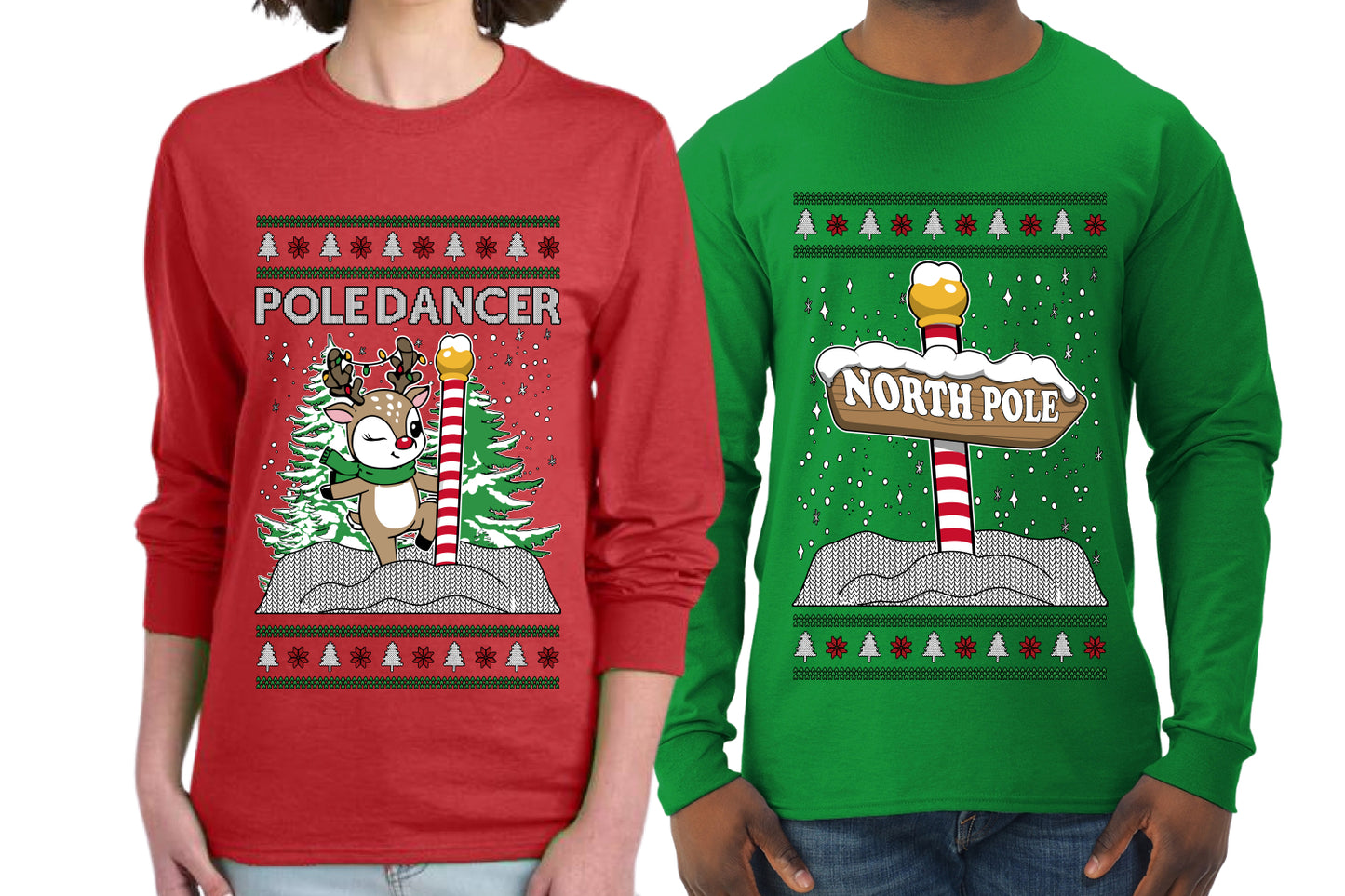 North Pole, Pole Dancer Sweater Girlfriend Boyfriend Gift His and Hers Matching Ugly Christmas Couple Long Sleeve Shirt