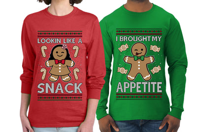 I Brought My Appetitie Lookin Like A Snack Sweater Girlfriend Boyfriend Gift His and Hers Matching Ugly Christmas Couple Long Sleeve Shirt