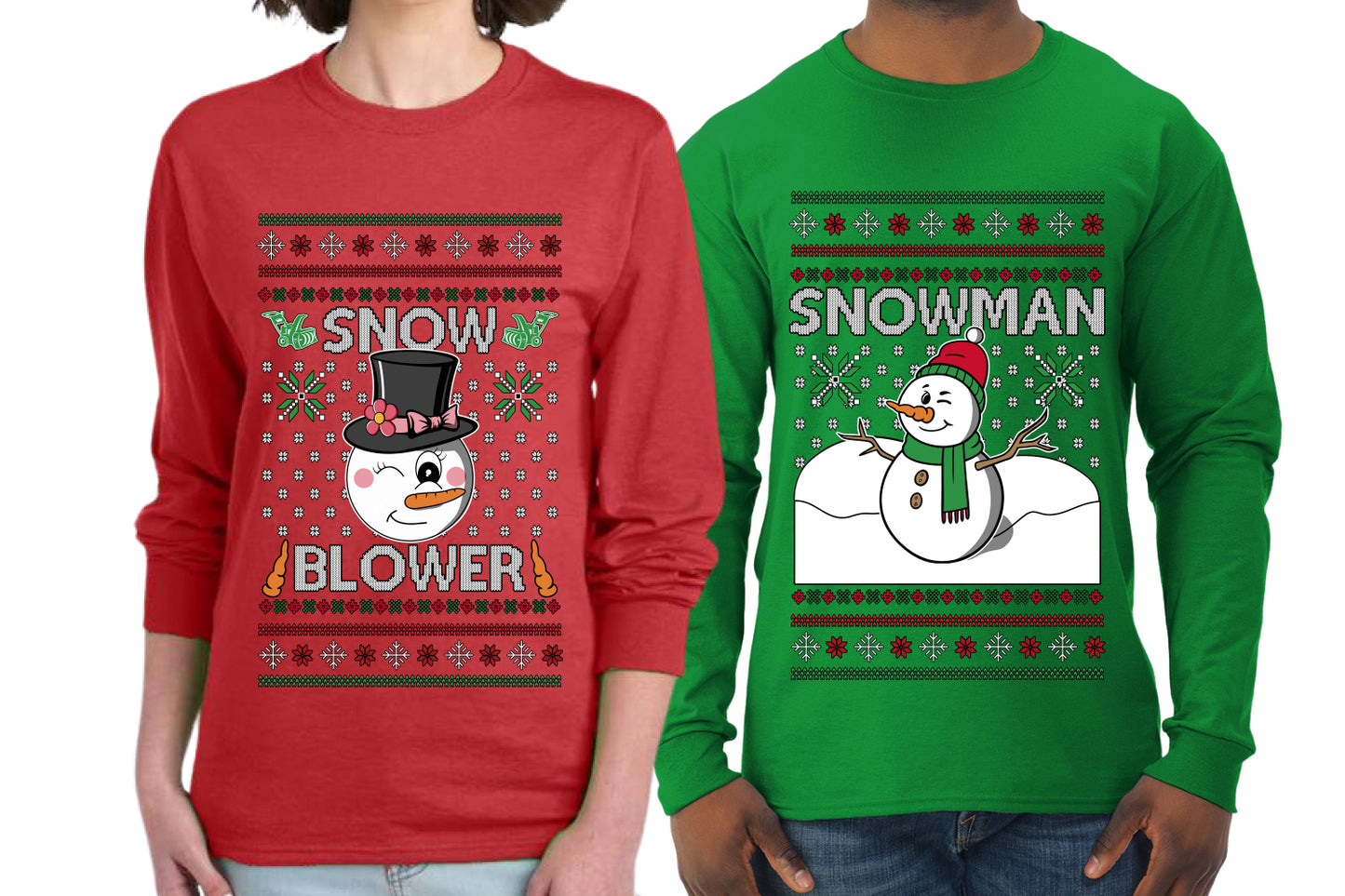 Snow Blower Snowman Sweater Girlfriend Boyfriend Gift His and Hers Matching Ugly Christmas Couple Long Sleeve Shirt
