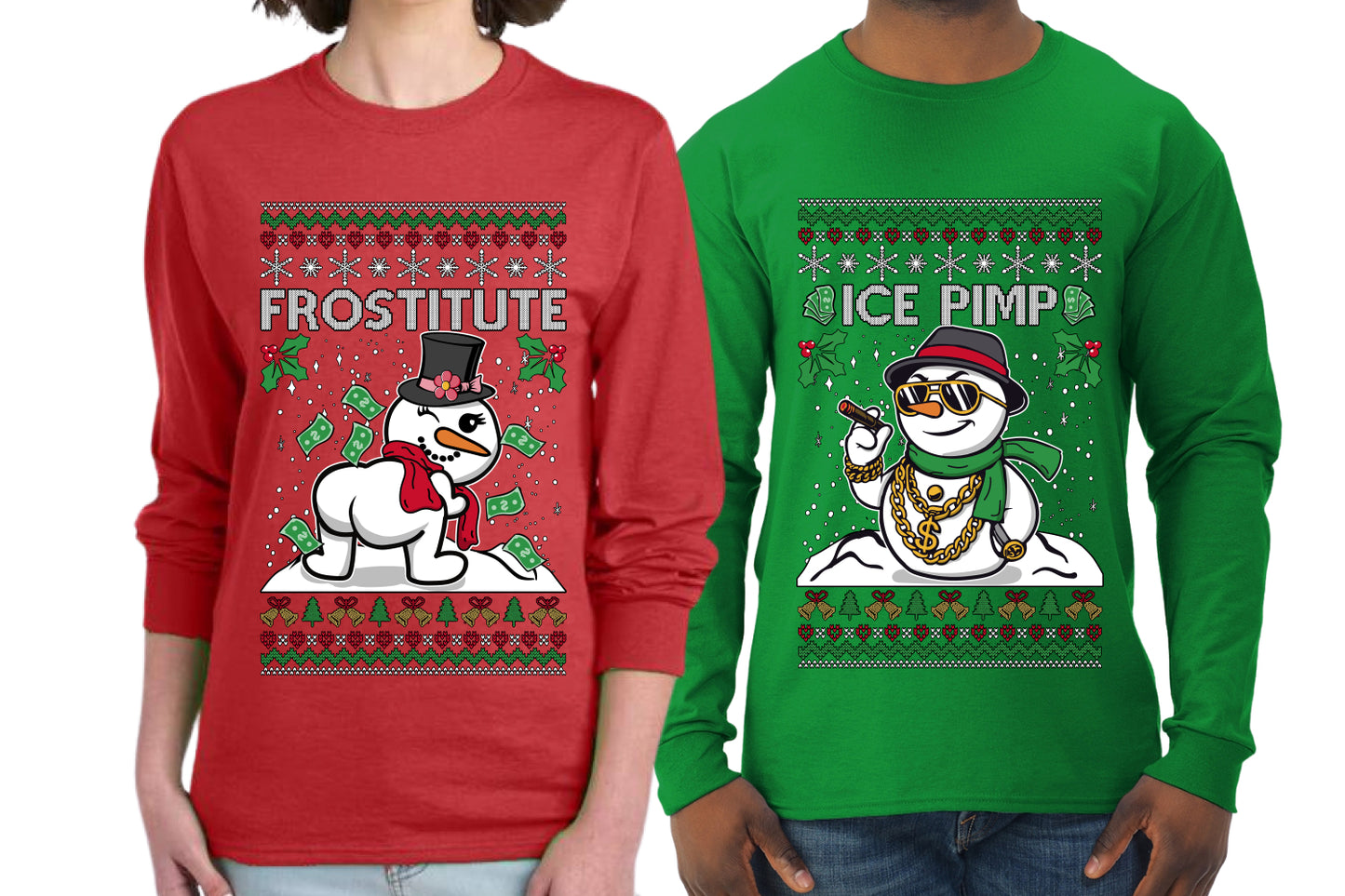 Frostitute Ice Pimp Snowmen Sweater Girlfriend Boyfriend Gift His and Hers Matching Ugly Christmas Couple Long Sleeve Shirt