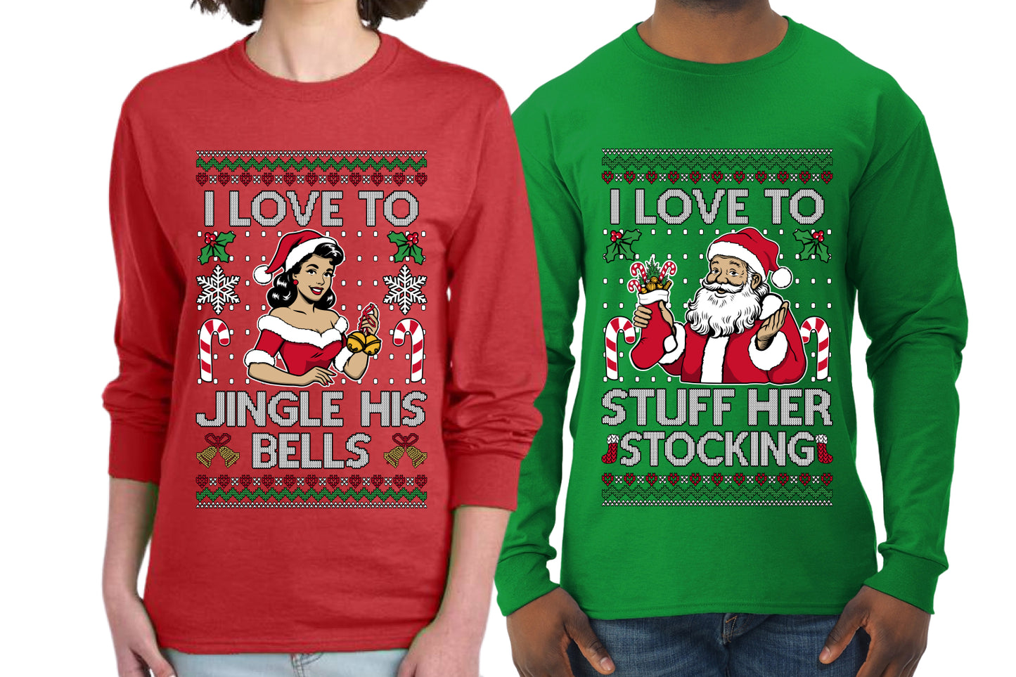 I Love To Stuff Her Stocking Jingle His Bells Sweater Girlfriend Boyfriend Gift His and Hers Matching Ugly Christmas Couple Long Sleeve Shirt