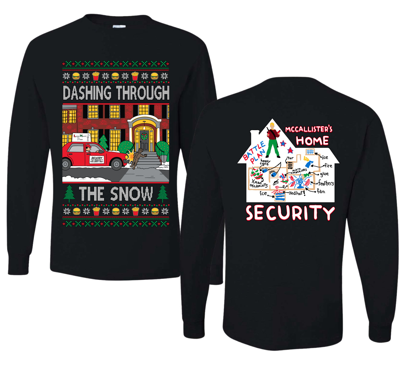 Dashing Through The Snow Classic 90s Holiday Movie Front and Back Unisex Ugly Christmas Sweater Mens Long Sleeve Shirt