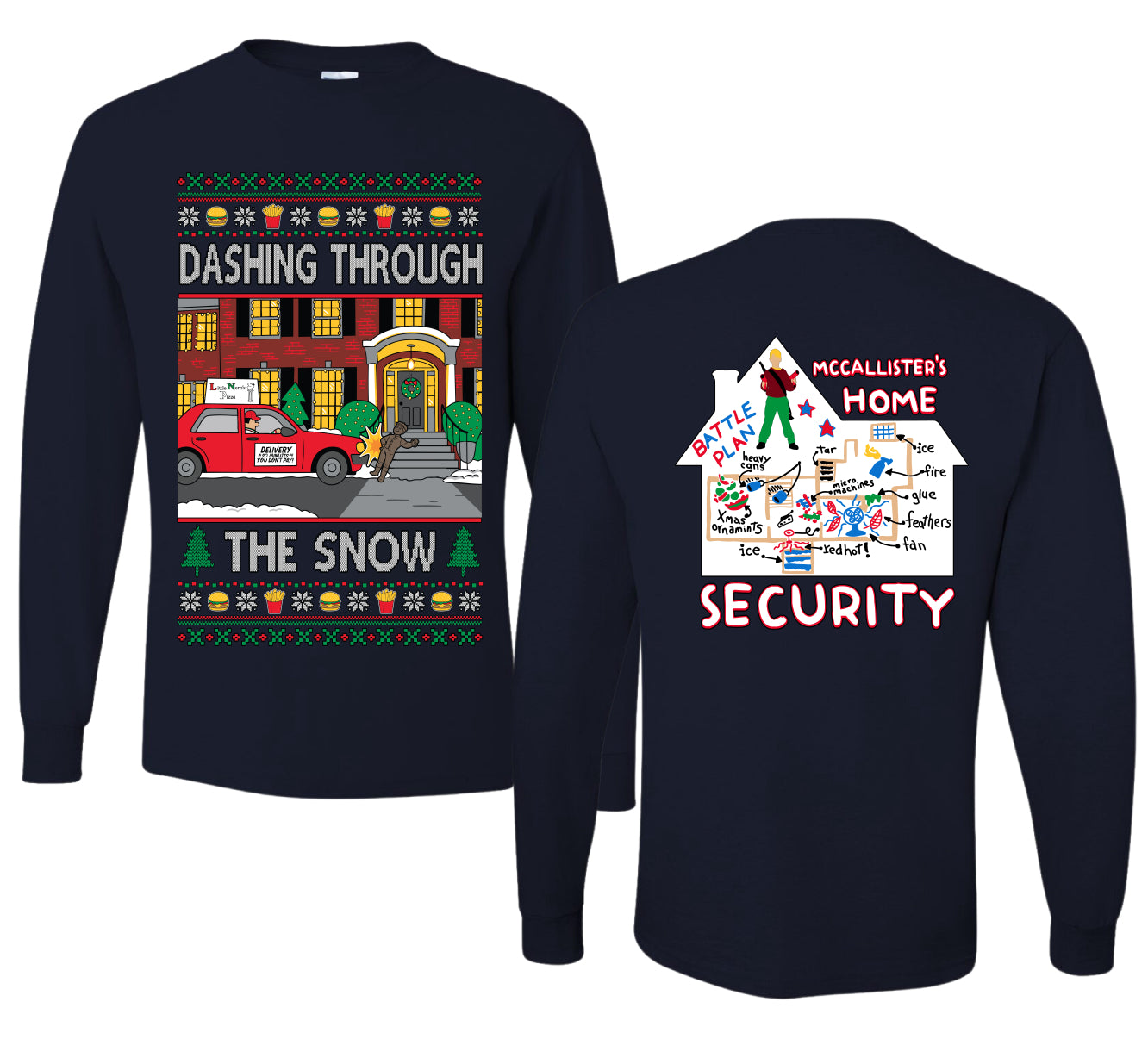 Dashing Through The Snow Classic 90s Holiday Movie Front and Back Unisex Ugly Christmas Sweater Mens Long Sleeve Shirt