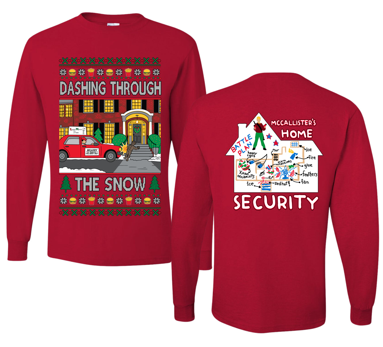 Dashing Through The Snow Classic 90s Holiday Movie Front and Back Unisex Ugly Christmas Sweater Mens Long Sleeve Shirt