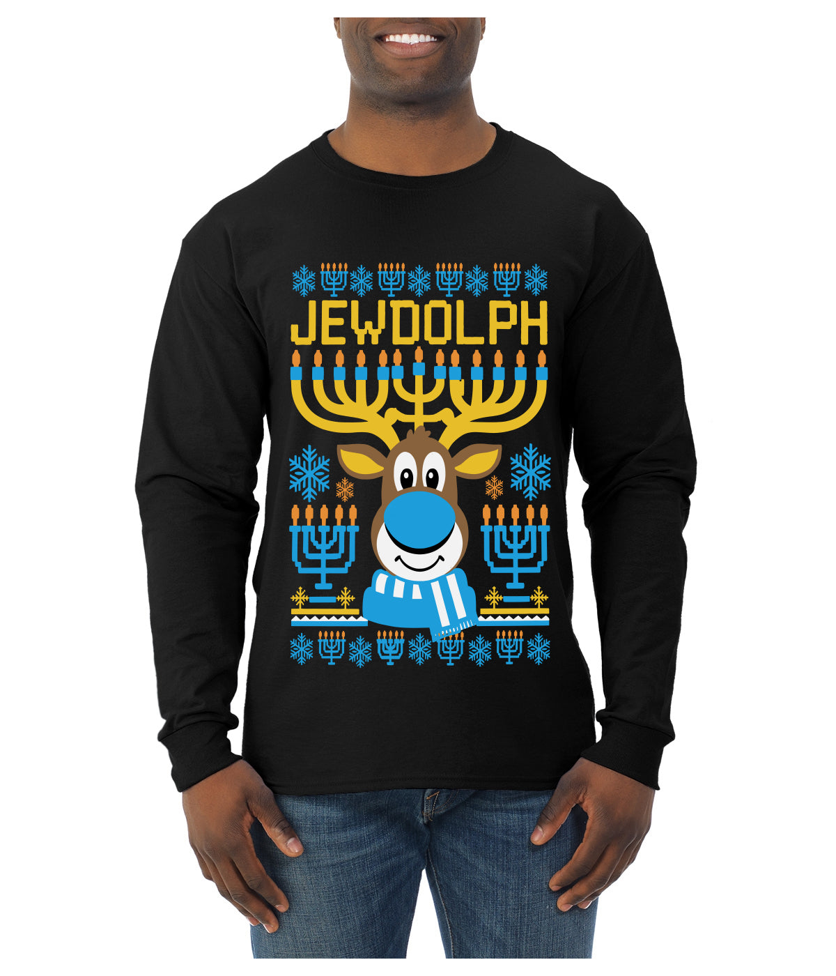 Jewdolph, Jewish Reindeer, Ugly Christmas Sweater Unisex Mens Long Sleeve Shirt