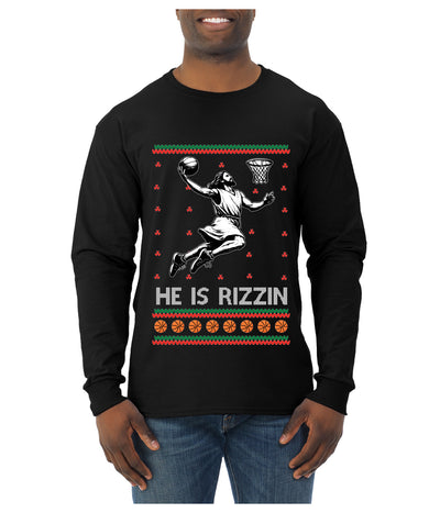 He Is Rizzin, Ugly Christmas Sweater Unisex Mens Long Sleeve Shirt