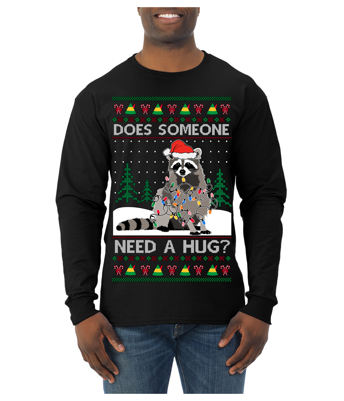Does Someone Need a Hug? Cute Raccoon Ugly Christmas Sweater Mens Long Sleeve Shirt