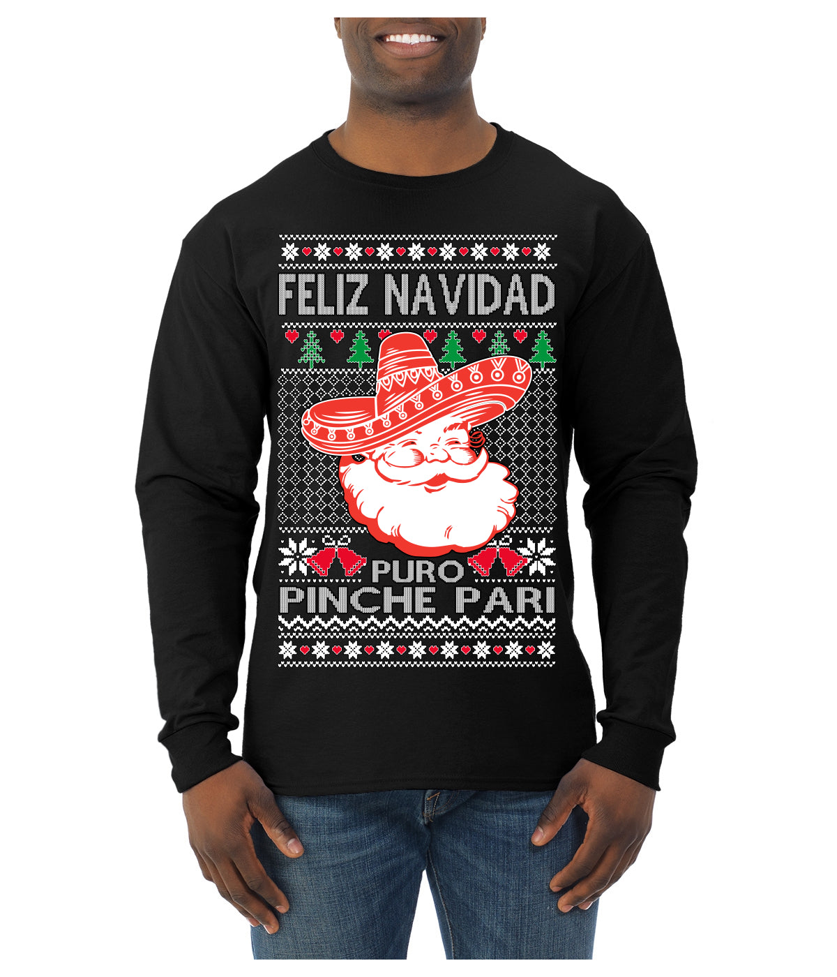 Feliz Navidad Puro Pinche Pari Funny Spanish Song Ugly Christmas Sweater Mens Long Sleeve Shirt