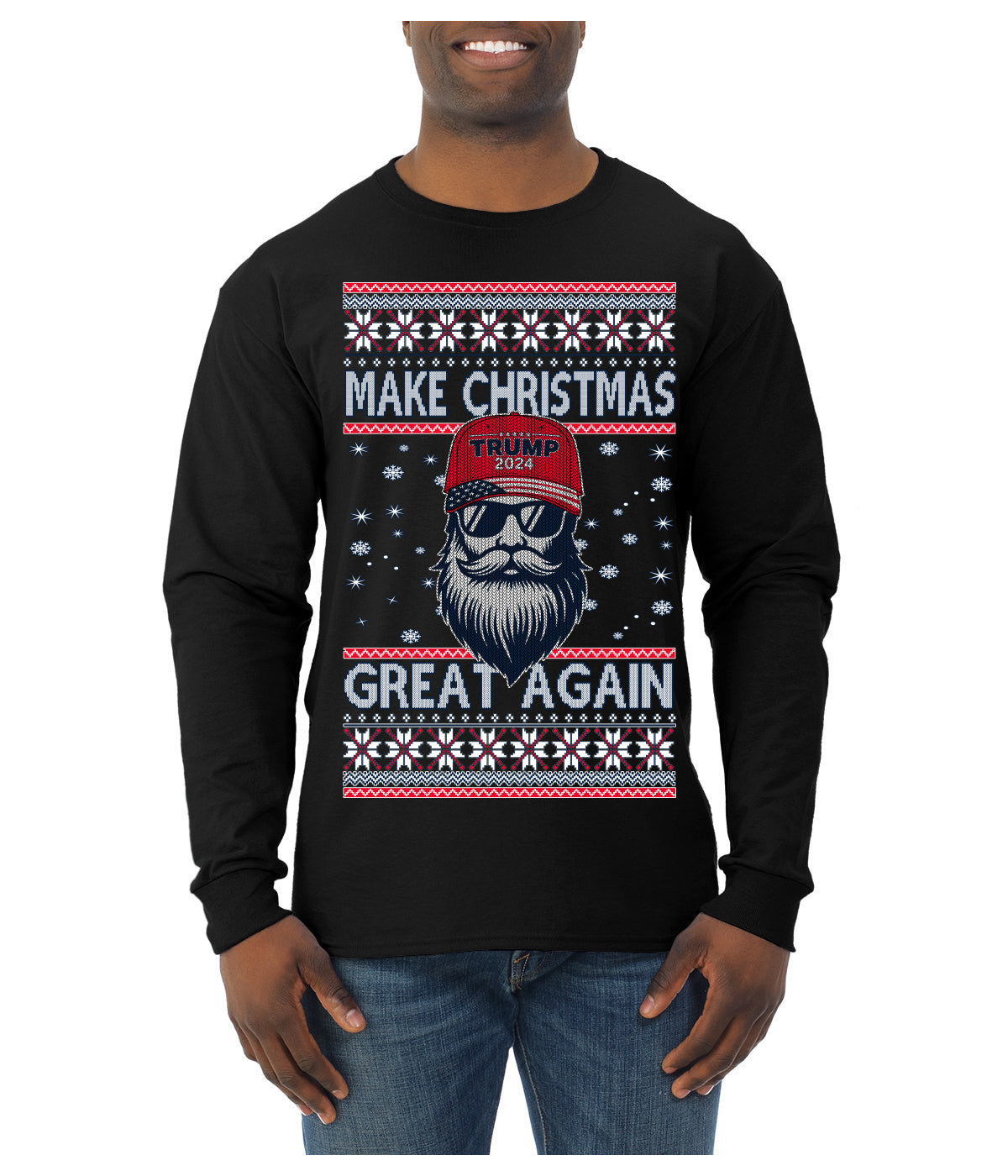 Make Christmas Great Again Trump Santa Claus 2024 MAGA,  Donald Trump JD Vance GOP Republican Ugly Christmas Sweater Mens Long Sleeve Shirt