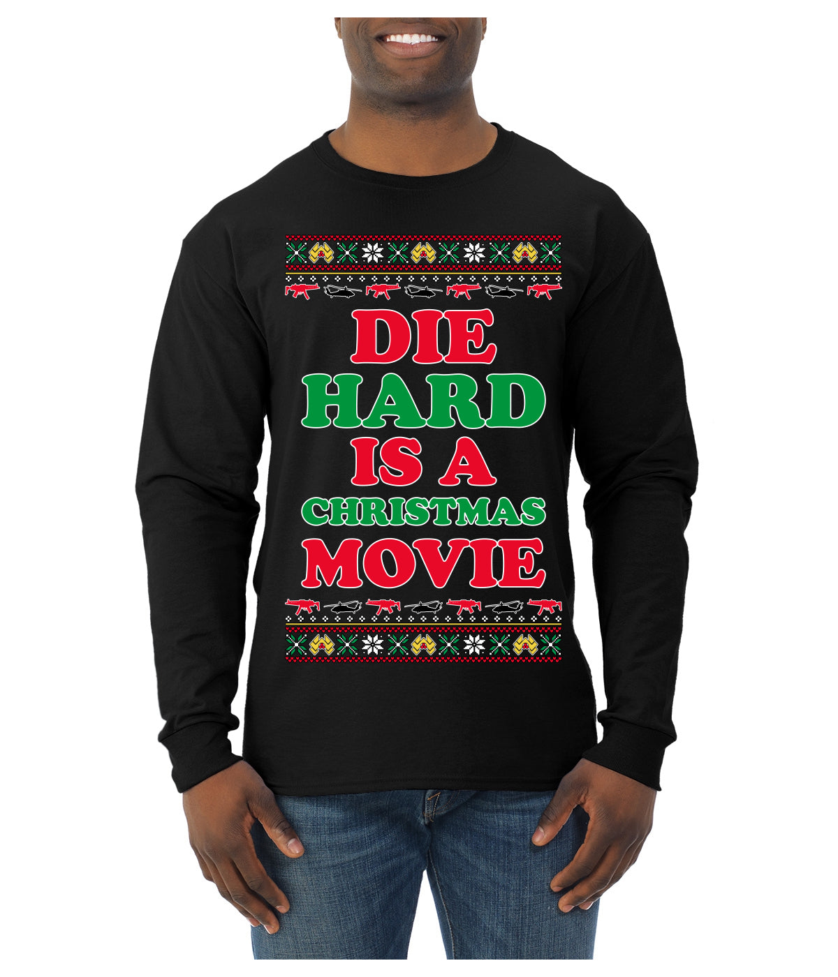 Die Hard is a Christmas Movie Classic, McClane Hans Nakatomi Plaza Xmas Party Holiday Movies Ugly Christmas Sweater Mens Long Sleeve Shirt