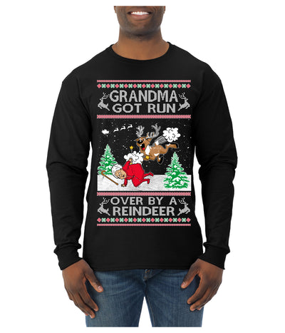 Grandma Got Run Over by a Reindeer, Funny Animated Design Rein Deer Kids TV Song Movie Ugly Christmas Sweater Mens Long Sleeve Shirt