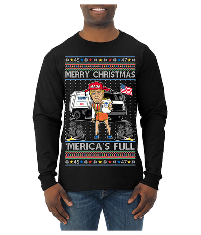 Donald Trump Merry Christmas Merica's Full Garbage Truck Ugly Christmas Sweater Mens Long Sleeve Shirt