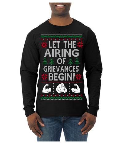 Let the Airing of Grievances Begin Funny TV Sitcom Festivus Ugly Christmas Sweater Mens Long Sleeve Shirt