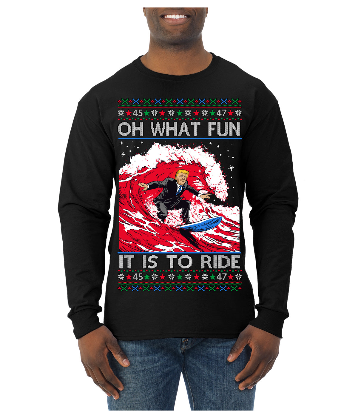 Oh What Fun It Is to Ride Donald Trump Red Wave Landslide Ugly Christmas Sweater Mens Long Sleeve Shirt