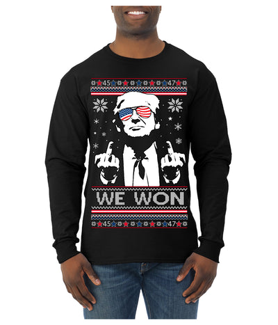 We Won Funny 45 47 President Trump Shot USA Glasses Ugly Christmas Sweater Mens Long Sleeve Shirt