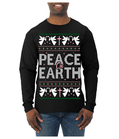 Peace On Earth Funny Xmas Cute Pink Angel Cross Ugly Christmas Sweater Mens Long Sleeve Shirt