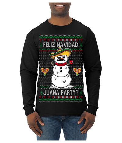 Feliz Navidad Juana Party Funny Spanish Drinking Cerveza Ugly Christmas Sweater Mens Long Sleeve Shirt