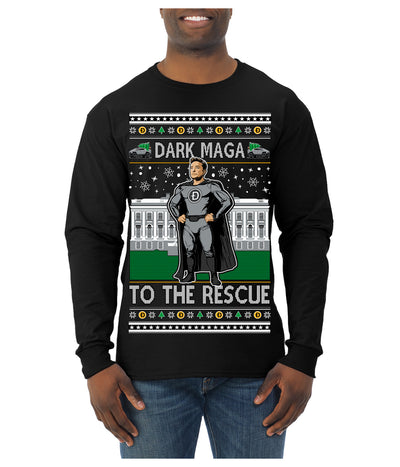 Dark MAGA to the Rescue Elon Superhero Doge Crypto Ugly Christmas Sweater Mens Long Sleeve Shirt