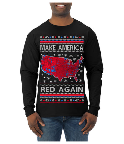 Make America Red Again USA Map Trump 2024 MAGA Ugly Christmas Sweater Mens Long Sleeve Shirt