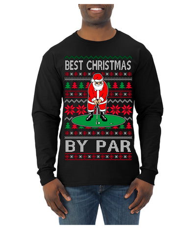 Best Christmas By Par Funny Santa Golfing Pun Sports Golf Ugly Christmas Sweater Mens Long Sleeve Shirt