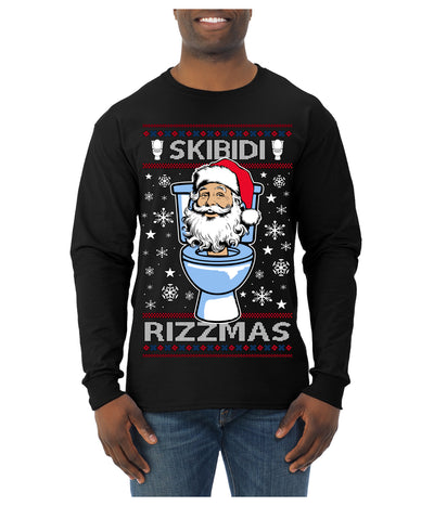 Skibidi Rizzmas Funny Toilet Video Viral Brain Rot Meme, Gen Z Alpha Slang Brainrot Memes Ugly Christmas Sweater Mens Long Sleeve Shirt