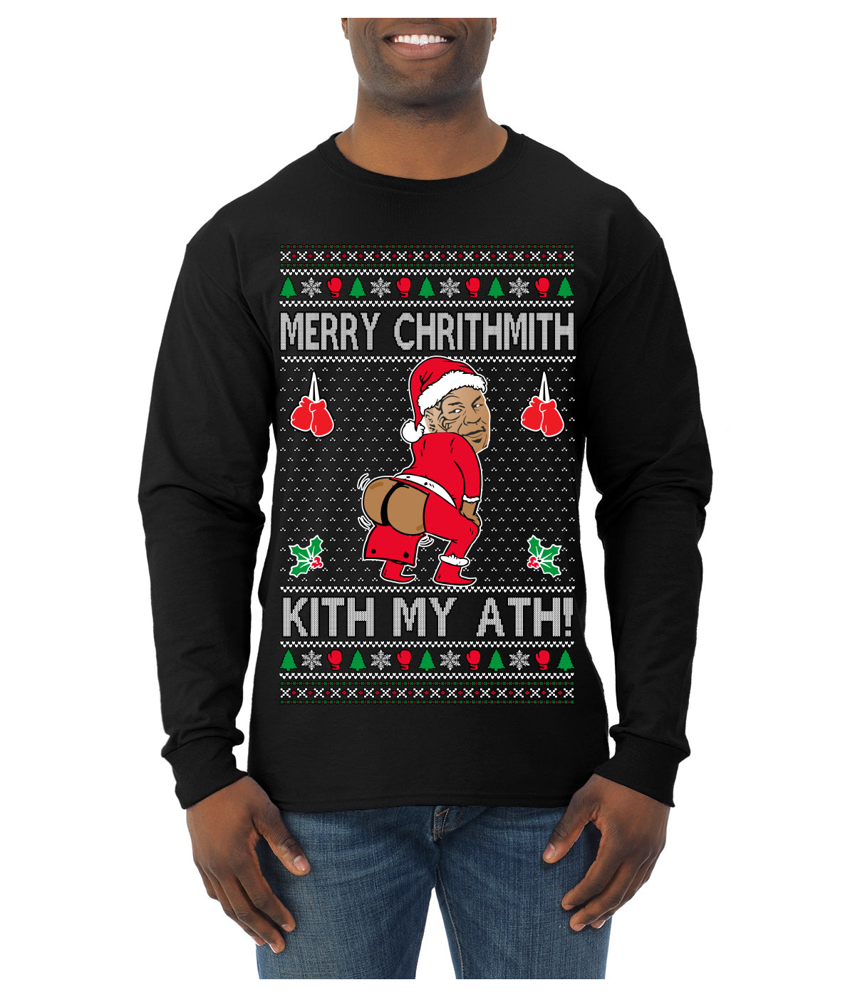 Merry Chrithmith Kith My Ath, Funny Butt Dancing, Viral Kiss My Ass Boxing Fight Meme, Men Women Ugly Christmas Sweater Mens Long Sleeve Shirt
